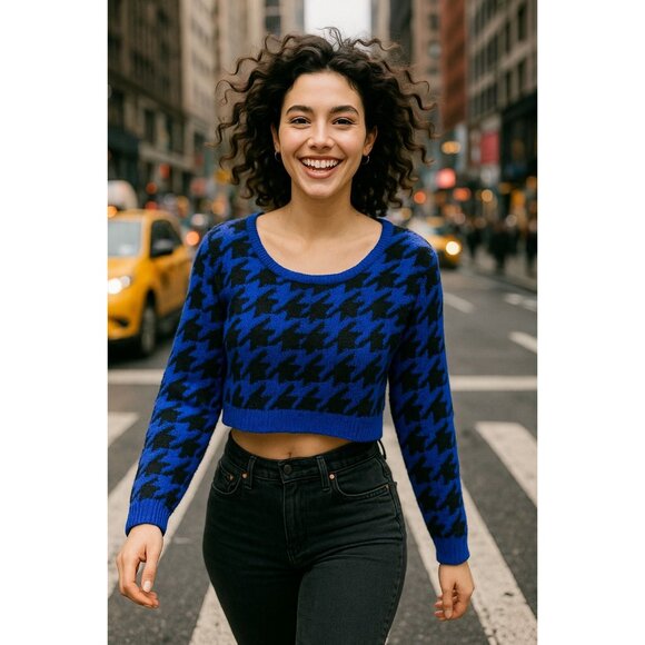 36 Point 5 Small Blue Black Houndstooth Crop Sweater Bold Knit Streetwear - Picture 1 of 11